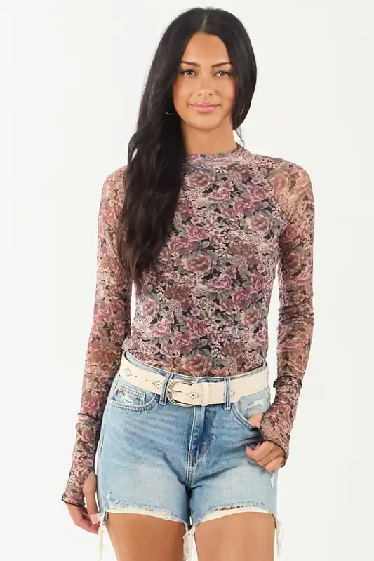 Dusty Rose Floral Mesh Long Sleeve Mock Neck Top - Promesa