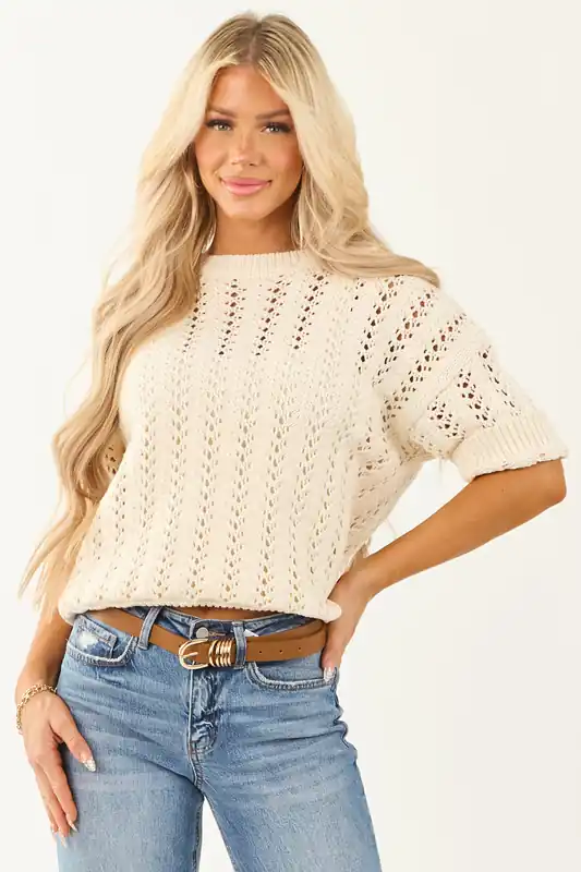 Cream Open Crochet Knit Half Sleeve Sweater Top - Promesa