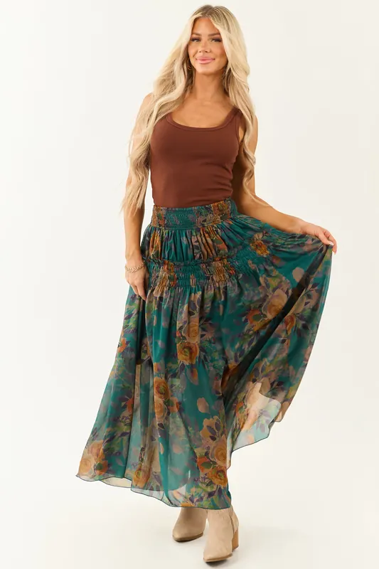 Pine Floral Print Smocked Waist Maxi Skirt - Promesa