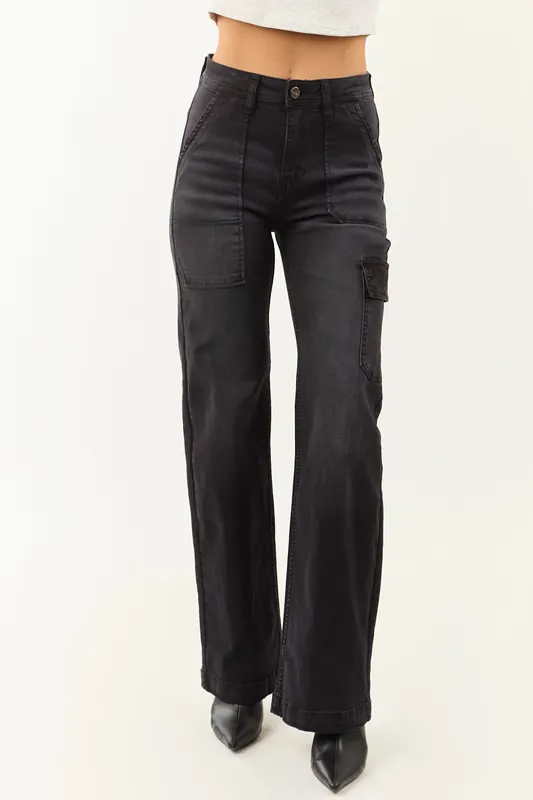 Risen Black Stretchy Wide Leg Cargo Pocket Jeans