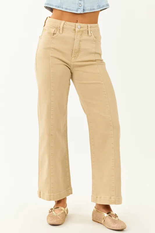 Risen Beige Tummy Control Stretchy Wide Leg Jeans