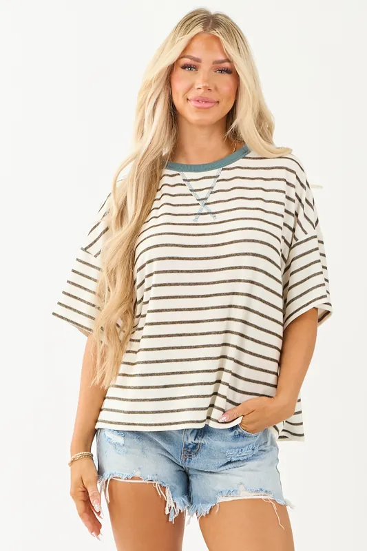 Olive and Ivory Striped Knit Half Sleeve Relaxed Top - Ces Femme