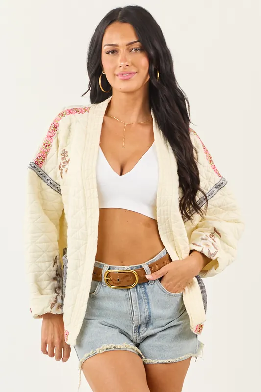 POL Cream Floral Embroidered Open Front Jacket - POL Clothing