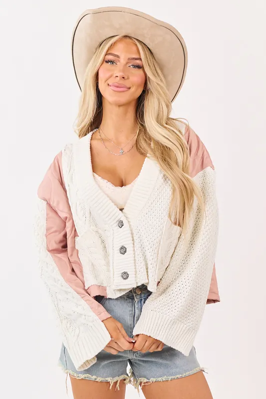POL Cream and Dusty Blush Button Down Cardigan - POL Clothing