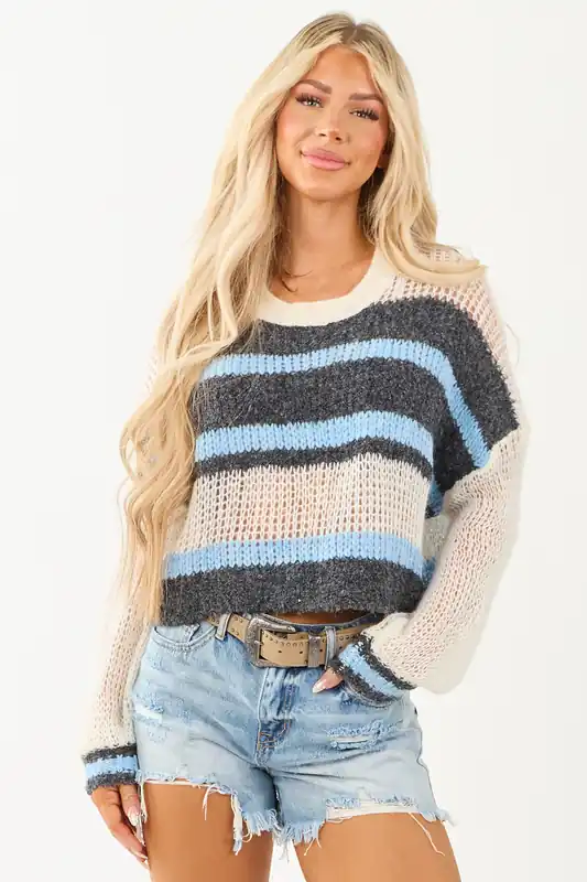 Ivory Striped Long Sleeve Cropped Knit Sweater - eesome