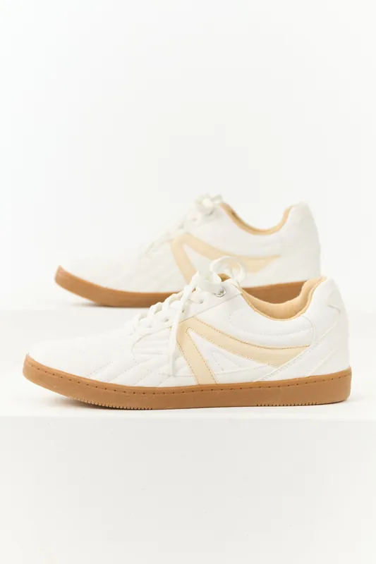 White Faux Leather Lace Up Low Top Sneakers - FORTUNE DYNAMIC