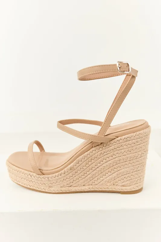 Desert Sand Faux Leather Strappy Espadrille Wedges - Berness