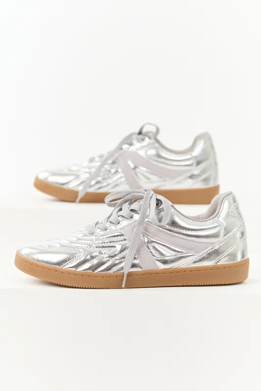 Silver Faux Leather Lace Up Low Top Sneakers - FORTUNE DYNAMIC