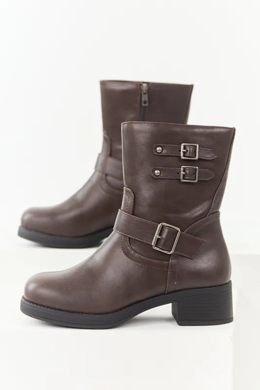Chocolate Faux Leather Buckle Detail Block Heel Boots - FORTUNE DYNAMIC