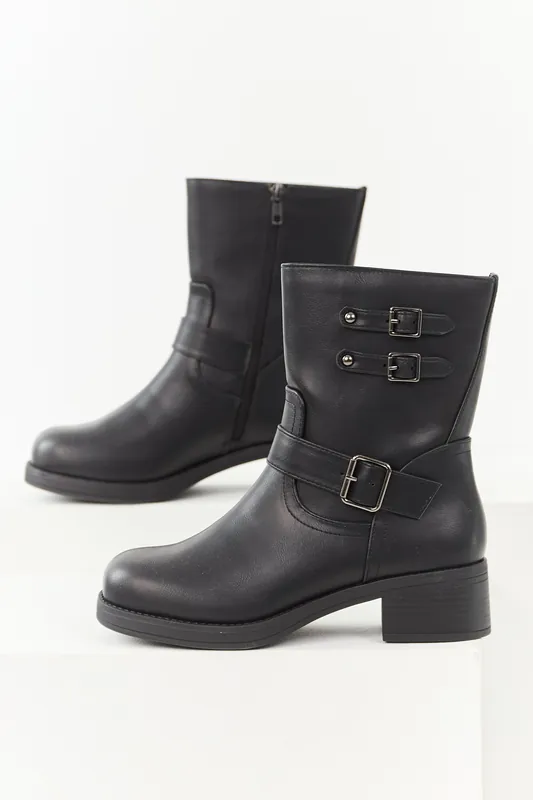 Black Faux Leather Buckle Detail Block Heel Boots - FORTUNE DYNAMIC