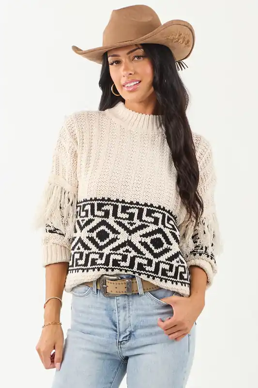 Vanilla Geometric Pattern Fringe Sleeve Knit Sweater - eesome