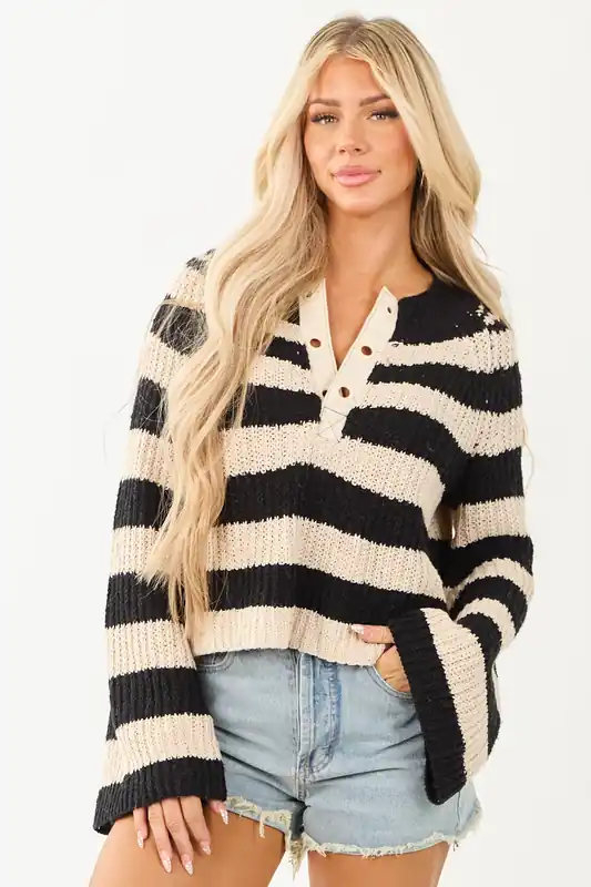 Camel and Black Striped Long Flare Sleeve Sweater - eesome