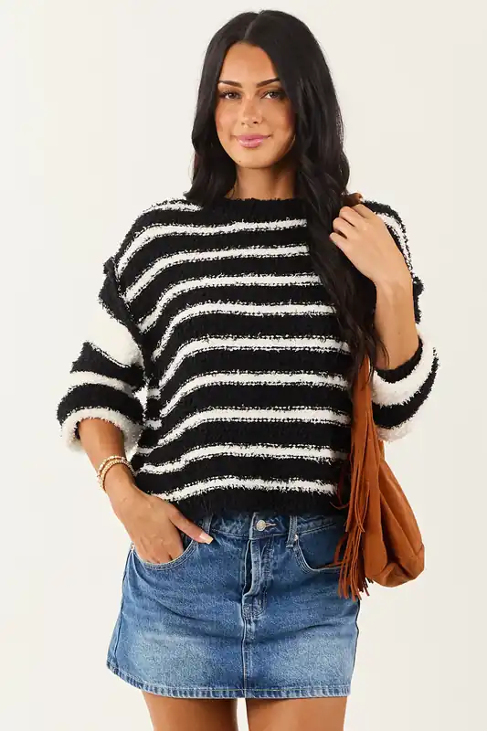 Black and White Striped Soft Fuzzy Knit Sweater - eesome