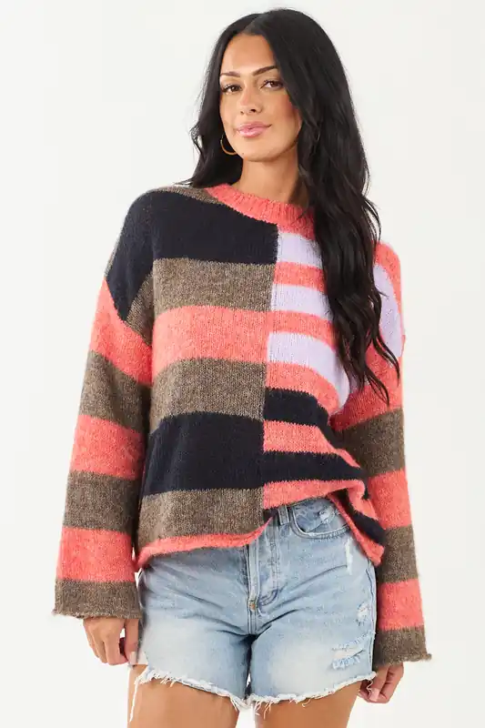 Crimson Colorblock Drop Shoulder Knit Sweater - eesome