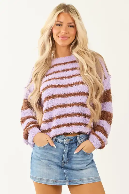 Iris and Sepia Striped Soft Knit Long Sleeve Sweater - eesome