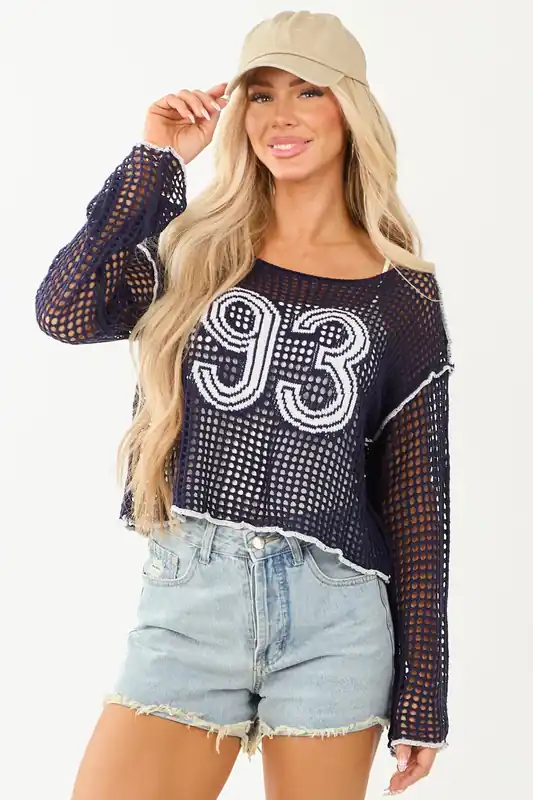 Navy '93' Graphic Cropped Open Crochet Sweater - eesome