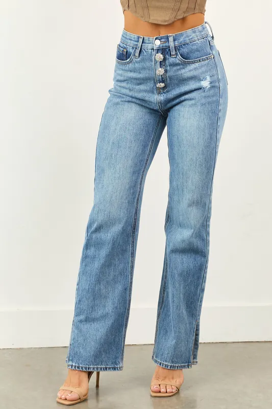 Saige Tummy Control Jewel Button Fly Straight Jeans - Saige Denim