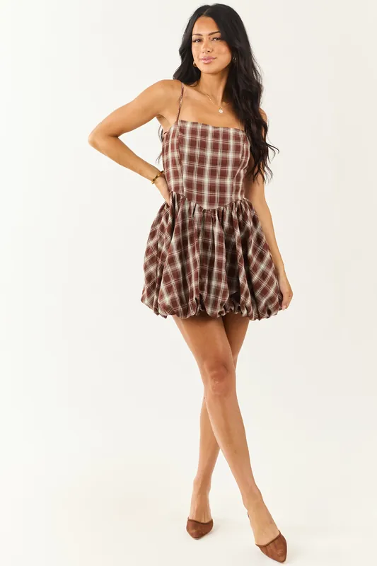Chocolate Plaid Bubble Hem Cotton Mini Dress - Privy