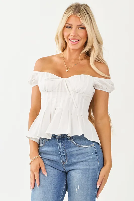 White Off Shoulder Pleated Cotton Peplum Top - Privy