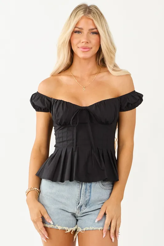 Black Off Shoulder Pleated Cotton Peplum Top - Privy