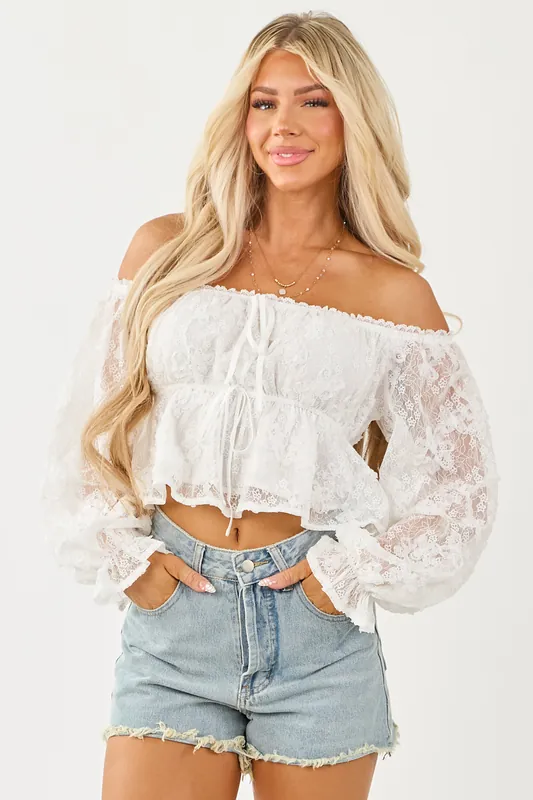 Off White 3D Lace Long Sleeve Babydoll Crop Top - Privy
