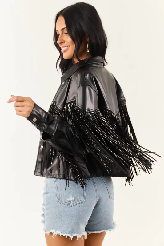 Black Gem Studded Fringe Faux Leather Button Up Jacket - Saints and Hearts