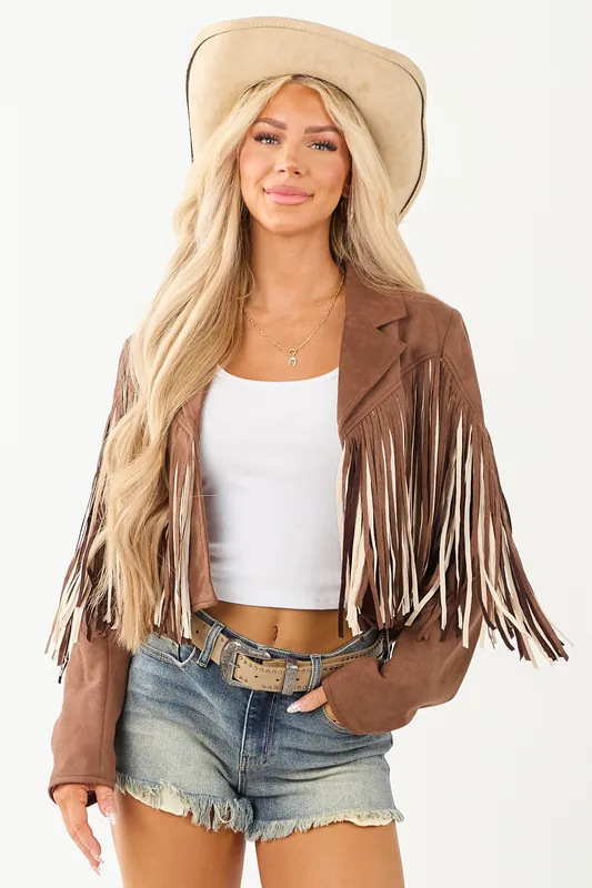 Walnut Fringe Faux Suede Open Front Jacket - Saints and Hearts