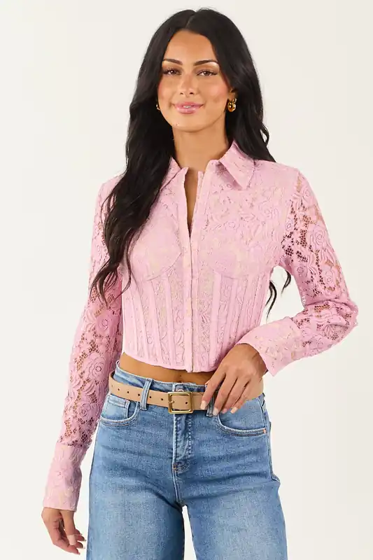 Mauve Floral Lace Button Down Corset Long Sleeve Top - Fore Collection