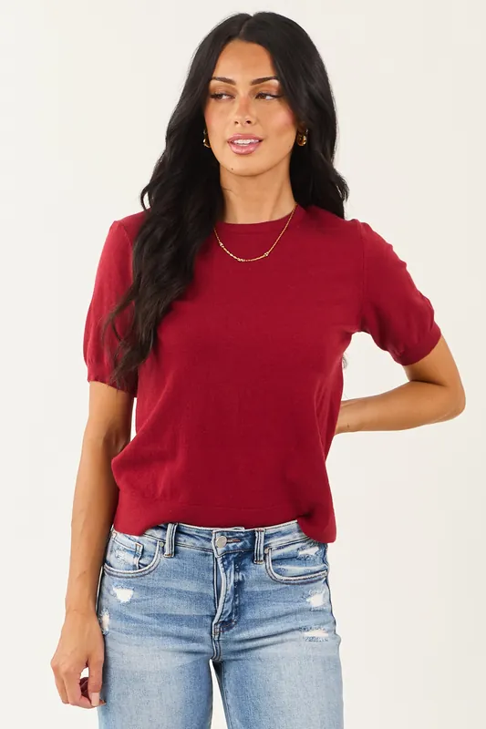 Maroon Short Puff Sleeve Soft Knit Top - LA Miel
