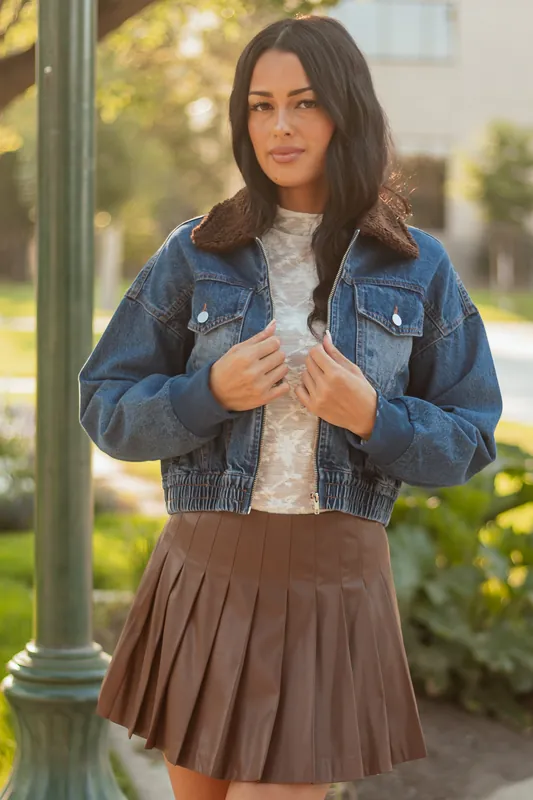 Dark Wash Sherpa Collar Denim Zip Up Bomber Jacket - Blue Blush