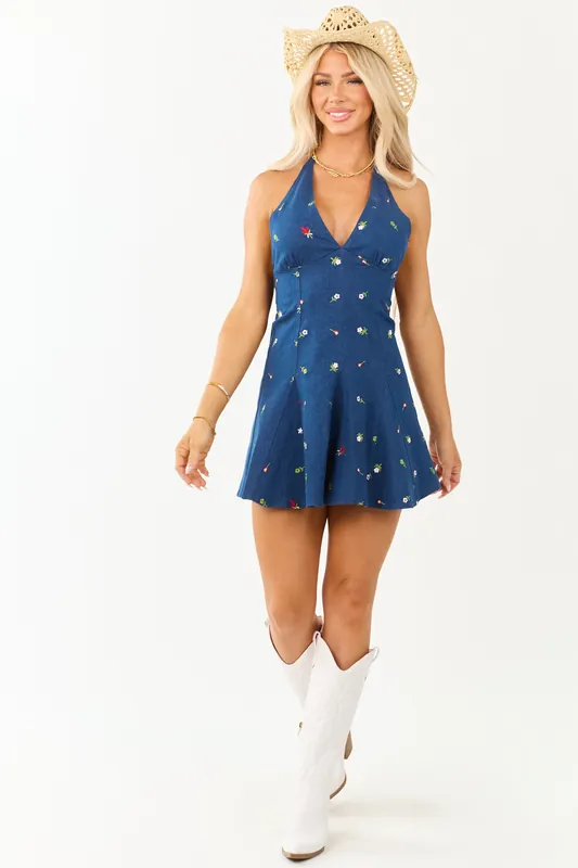 Dark Wash Denim Floral Embroidered Halter Mini Dress - Blue Blush