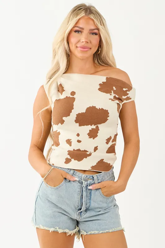 Cream Cow Print Asymmetrical One Shoulder Top - LE LIS