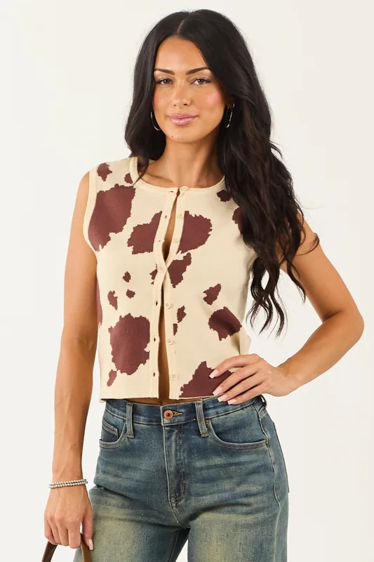 Sand Cow Print Button Down Sweater Tank Top - LE LIS