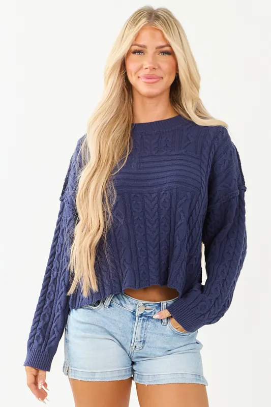 Navy Flag Detail Cable Knit Sweater - LE LIS