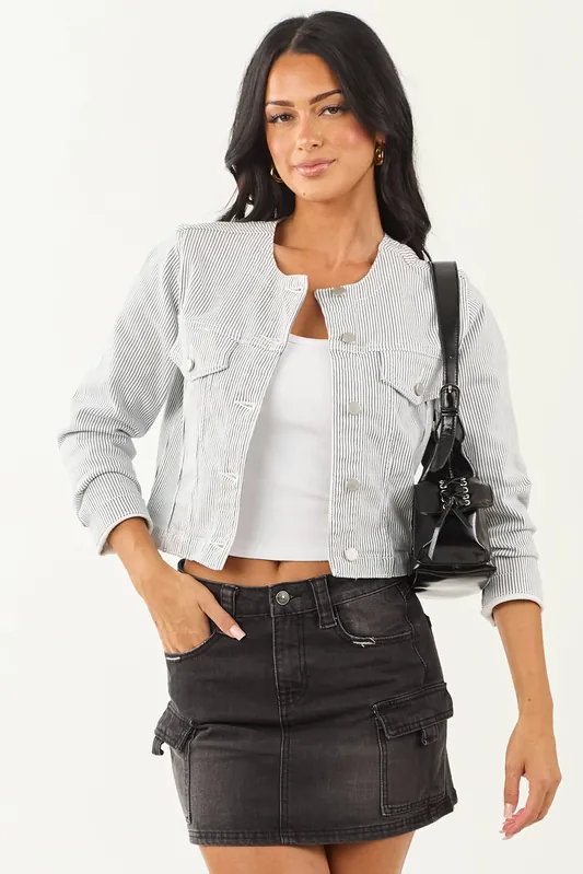 Navy and Off White Pin Stripe Buttoned Denim Jacket - Just Panmaco