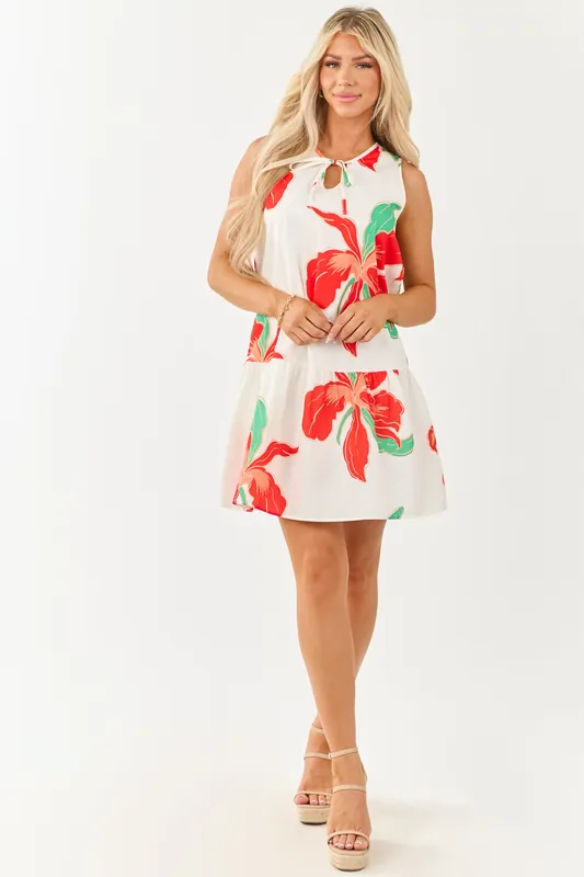 Ivory and Scarlet Tropical Print Tent Style Mini Dress - Shiying Fashion