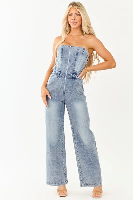 Medium Wash Denim Strapless Wide Leg Jumpsuit - Baby Pink
