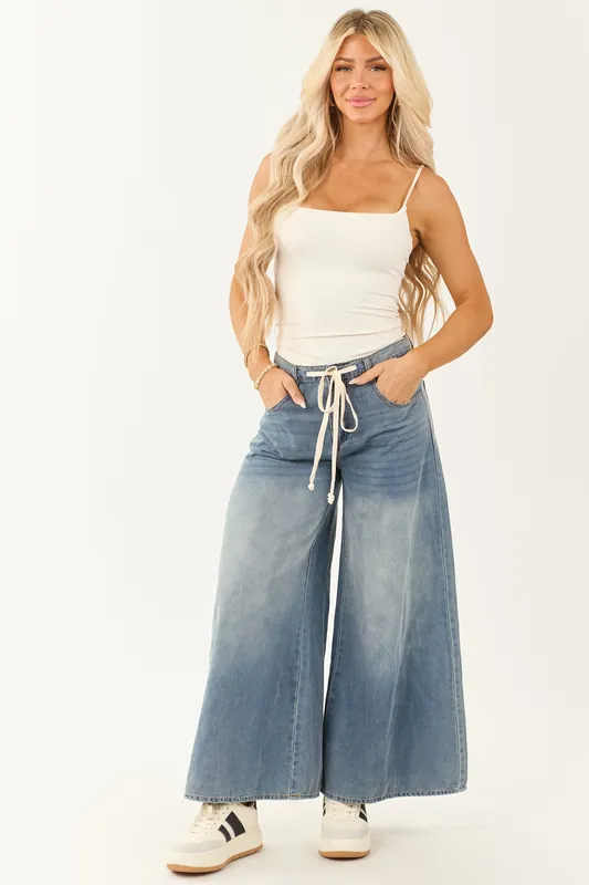Medium Wash Super Wide Leg Lightweight Denim Pants - NoaBoa