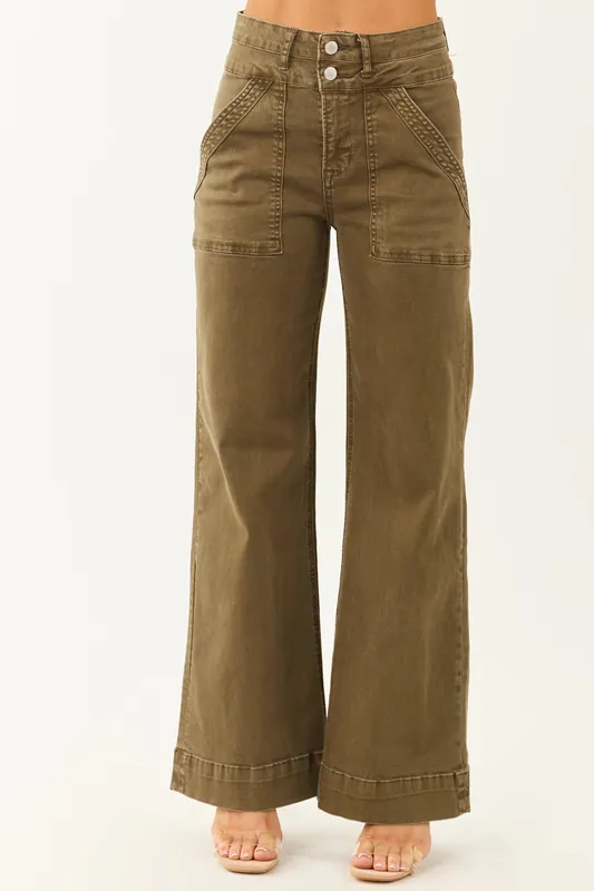 Mica Denim Army Green Wide Leg Stretchy Jeans