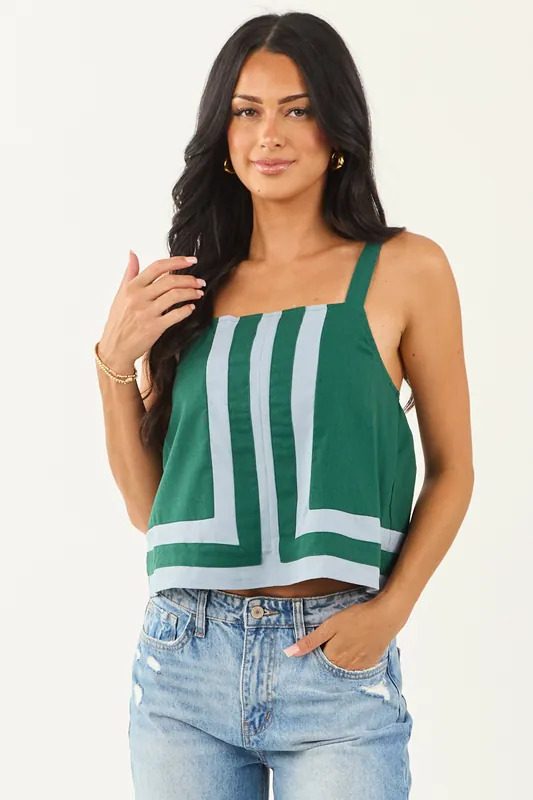 Entro Hunter Green Contrast Stripe Linen Blend Tank Top