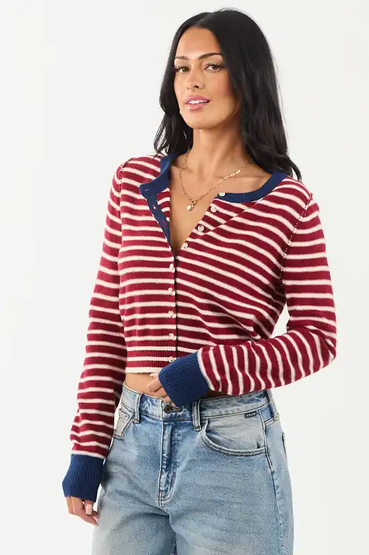 Entro Maroon and Cream Striped Button Down Cardigan