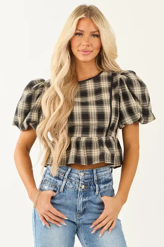 Black and Sand Plaid Puff Sleeve Peplum Top - Day + Moon