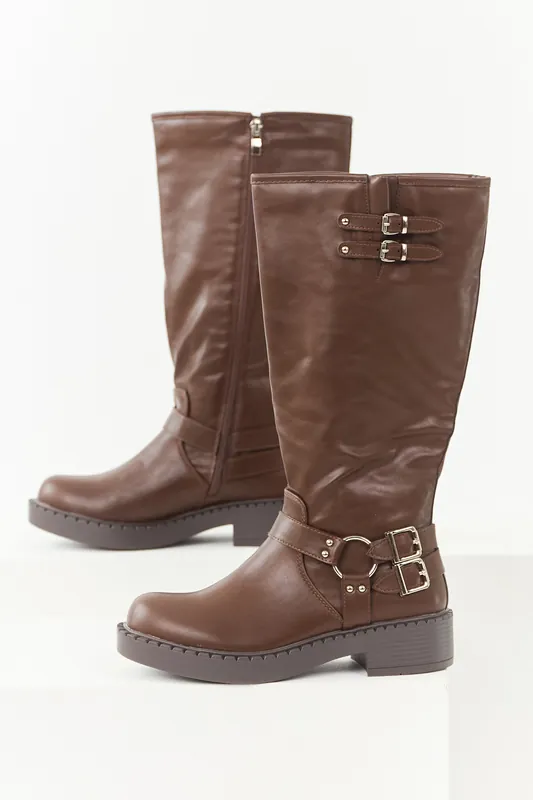 Chocolate Faux Leather Buckle Detail Tall Boots - Berness