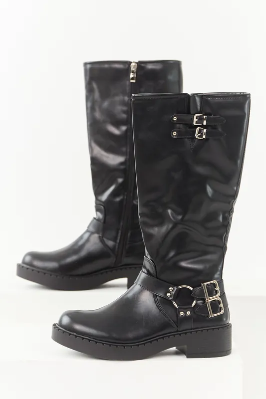Black Faux Leather Buckle Detail Tall Boots - Berness