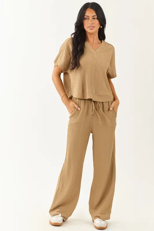 Latte Textured Knit Short Sleeve Top and Pants Set - Very J