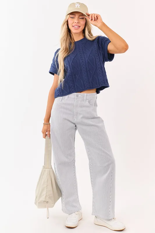 Off White High Rise Railroad Stripe Stretchy Barrel Jeans - Just Panmaco