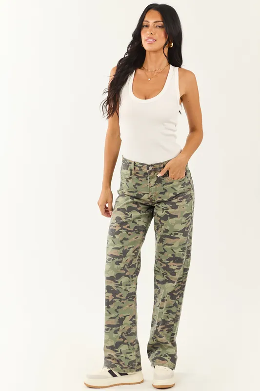 Olive Camo Print Stretchy Relaxed Straight Jeans - Just Panmaco