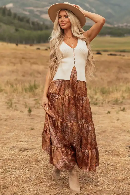 Khaki Scarf Print Satin Tiered Maxi Skirt - Mittoshop