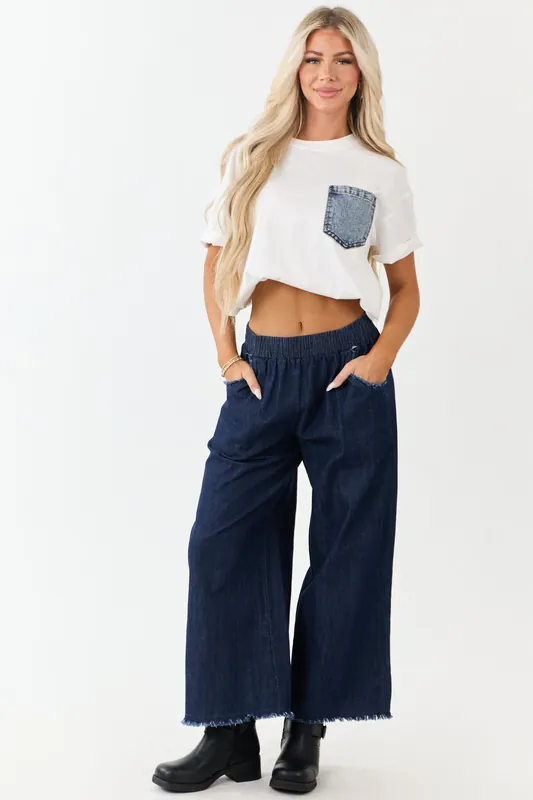 Dark Wash Wide Leg Cropped Chambray Pants - Umgee