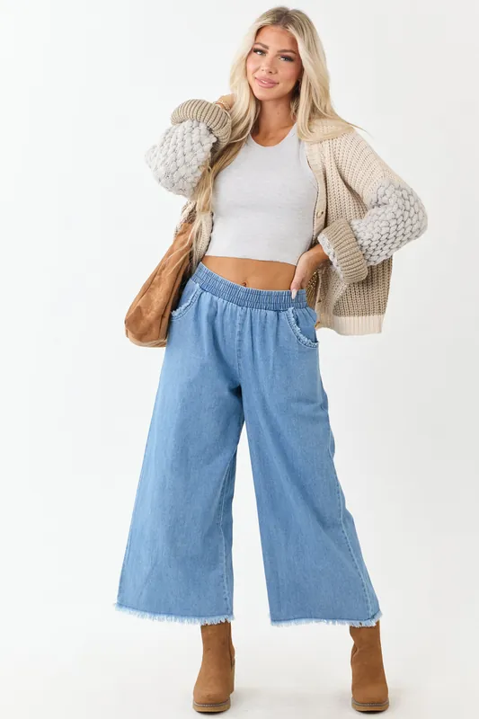 Light Wash Wide Leg Cropped Chambray Pants - Umgee